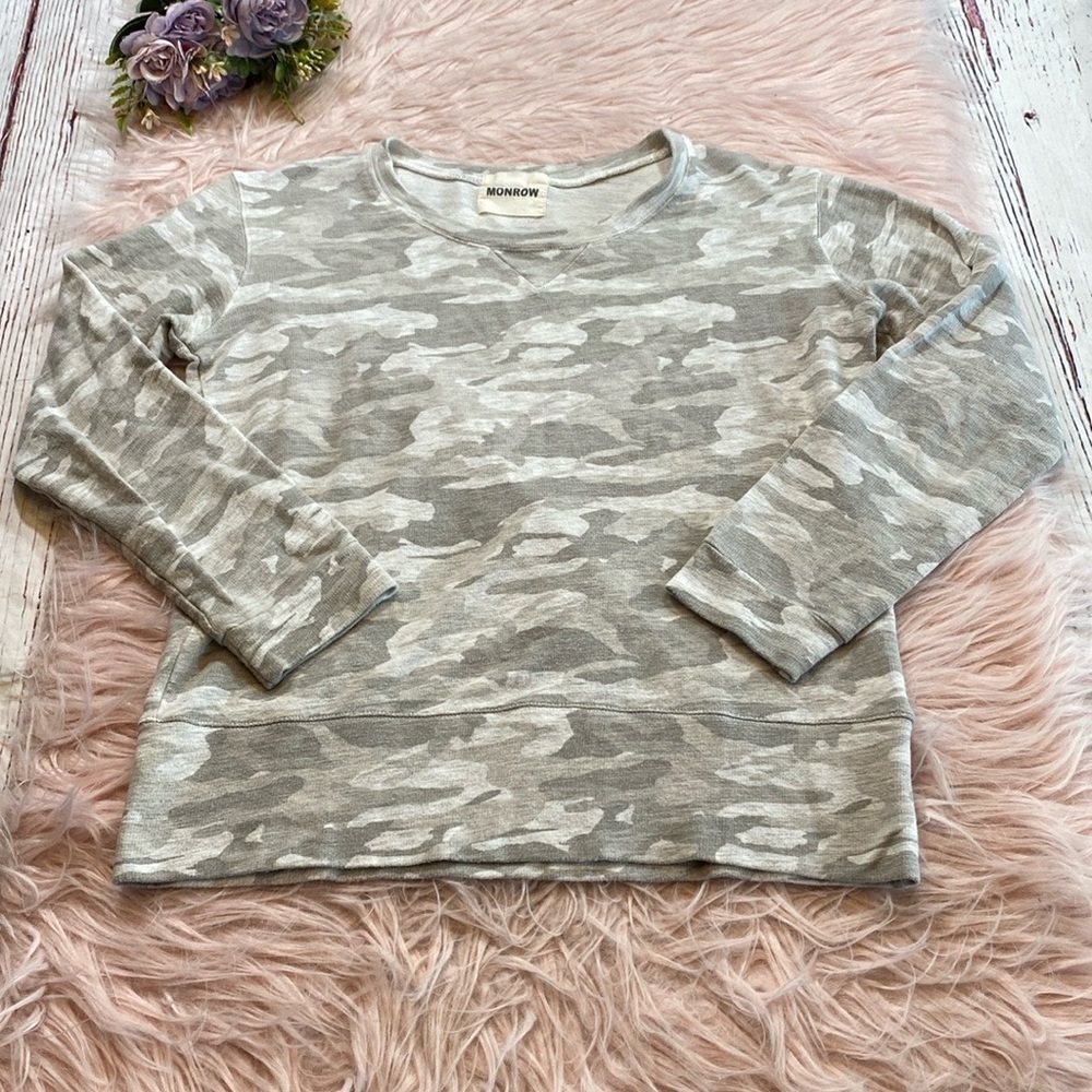 Monrow Neutral Camo White Gray Pullover Sweatshirt